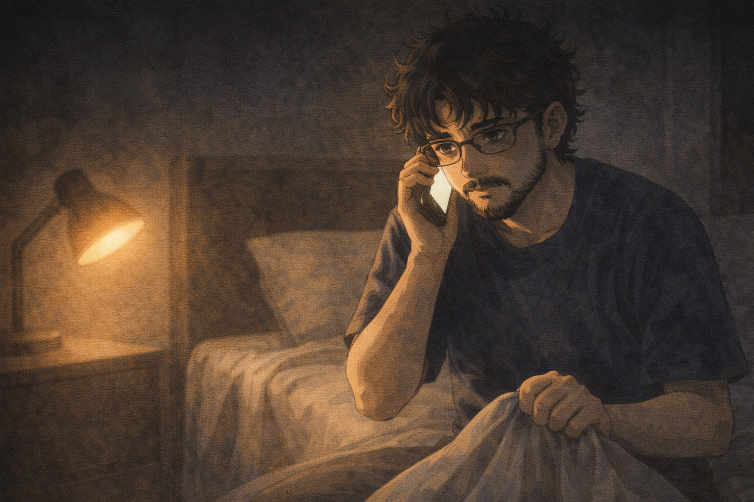 A dark bedroom in Saudi Arabia at night — Faris on the edge of a bed, phone pressed to his ear, knuckles white. A single harsh light source.